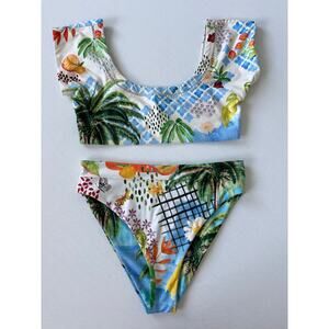 Agua Bendita Colorful Bikini Set Tropical Print Top and Hi waist Bottom sz S